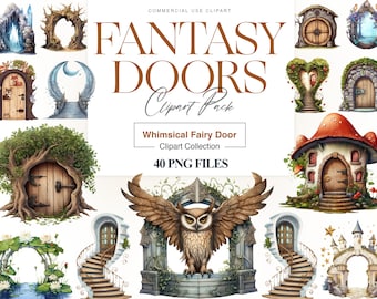 40 Watercolor Fantasy Door Clipart, Fairy Door Clipart, Celestial Doors, Floral, Magic Door PNG, Moon Door