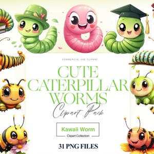 Cute Caterpillar Clipart, Cute Insect , Watercolor Worm, Garden Critter, Bug Clipart, Caterpillar, Book Worm