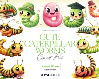 Cute Caterpillar Clipart, Cute Insect , Watercolor Worm, Garden Critter, Bug Clipart, Caterpillar, Book Worm