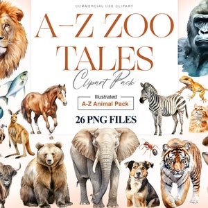 Watercolor A-Z Animals, Alphabet Zoo Animals, Fox, Bear, Lion PNG, Safari Nursery Clipart, Woodland Animals