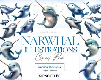 Narwal Clipart, Meereskreatur, Baby Narwal, unter dem Meer, Narwal PNG, Marine Clipart, niedlicher Wal Clipart