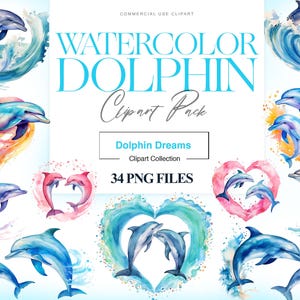 Watercolor Dolphin Clipart, Cute Dolphin PNG, Ocean Waves, Dolphin Scrapbooking, Sea Animal, Dolphin Wall Art