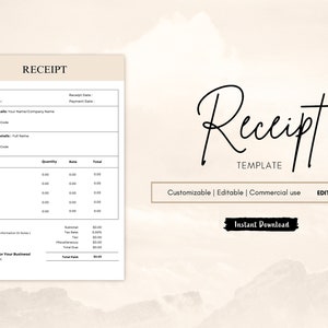 Printable Receipt Template, Blank Receipt Template, Receipt of Payment, Receipt Template Canva, Rent Receipt