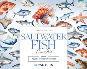 Saltwater Fish Clipart, Watercolor Fish PNG, Great White Shark, Ocean Fish, Tuna Clipart, Lionfish, Sea Life