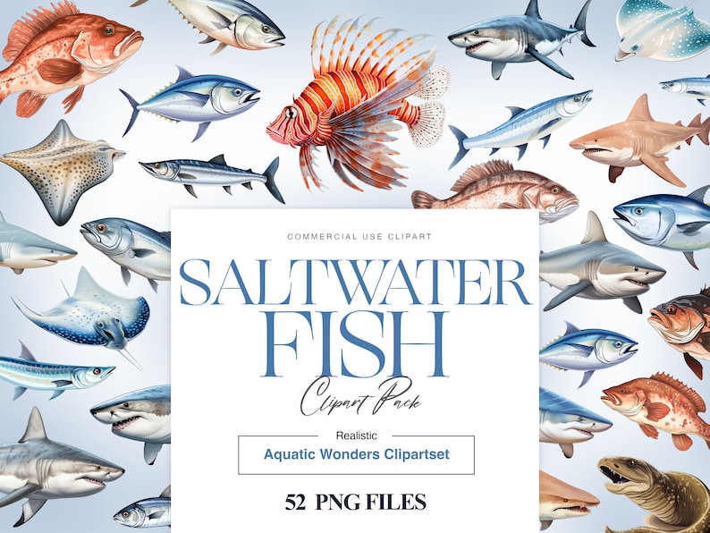 Puede incluir: Un paquete de clipart digital de 52 ilustraciones realistas de peces de agua salada. Las ilustraciones presentan una variedad de especies de peces, incluidos tiburones, atunes y peces le&oacute;n. El clipart es perfecto para usar en proyectos comerciales.