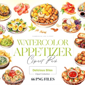 Puede incluir: Paquete de clipart de acuarela de 66 imágenes de aperitivos. Las imágenes incluyen una variedad de aperitivos, como nueces, queso, frutas, verduras y sushi. Las imágenes son perfectas para usar en blogs de comida, sitios web de recetas y redes sociales.