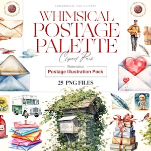 Aquarel verzendkosten, postwagen, postzegel, brief clipart, brievenbus, ganzenveer, postman, vintage clipart
