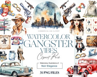 Watercolor Gangster Clipart, Mafia, Gang Clipart, Mob Boss, Gangster Hat, Car Clipart, Criminal, Gangster PNG