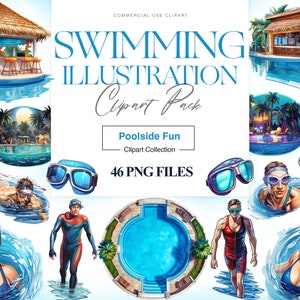 May include: A digital illustration clipart pack of 46 swimming poolside themed images. The images include people swimming, diving, and relaxing by the pool. There are also images of palm trees, beach umbrellas, and poolside furniture. The images are in a cartoon style and are perfect for use in digital projects.