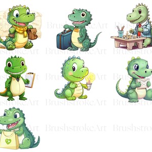 Op de afbeelding: Negen cartoonillustraties van groene alligators in verschillende poses. De alligators dragen kleding en houden voorwerpen vast, zoals een koffer, een klembord, een gloeilamp en een brief.