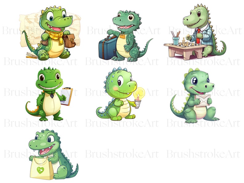 Op de afbeelding: Negen cartoonillustraties van groene alligators in verschillende poses. De alligators dragen kleding en houden voorwerpen vast, zoals een koffer, een klembord, een gloeilamp en een brief.