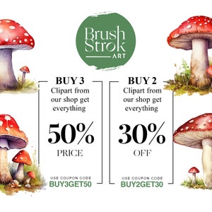 May include: Digital illustration of red and white mushrooms with white stems. The image includes text that says "BUY 3 Clipart from our shop get everything 50% PRICE USE COUPON CODE BUY3GET50" and "BUY 2 Clipart from our shop get everything 30% OFF USE COUPON CODE BUY2GET30".