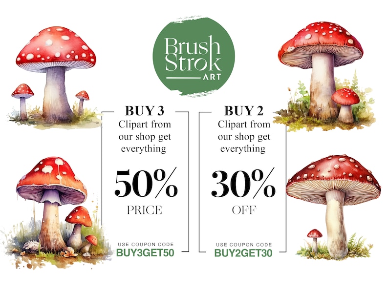 May include: Digital illustration of red and white mushrooms with white stems. The image includes text that says "BUY 3 Clipart from our shop get everything 50% PRICE USE COUPON CODE BUY3GET50" and "BUY 2 Clipart from our shop get everything 30% OFF USE COUPON CODE BUY2GET30".