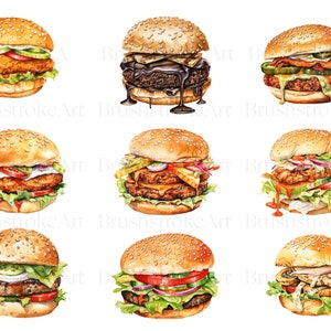 Op de afbeelding: Negen aquarel illustraties van verschillende soorten gourmetburgers. Elke burger heeft een unieke combinatie van toppings, waaronder sla, tomaat, ui, kaas en augurken. De burgers zijn allemaal afgebeeld op een witte achtergrond.