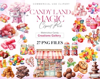 Watercolor Candy Clipart, Candies, Sweets, Cup Cake, Gummy Bear, Chocolate, Jellybeans, Cookies, Lollipop PNG
