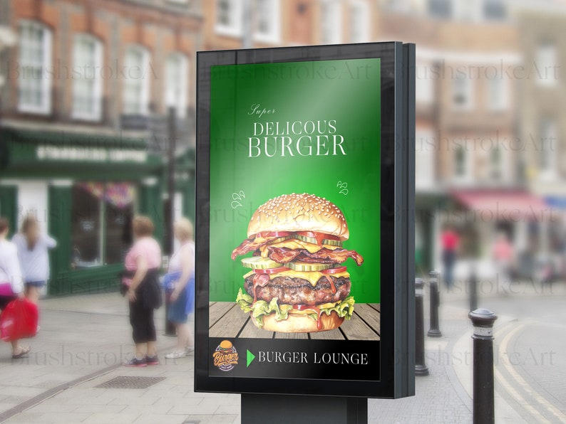 Op de afbeelding: Een billboard-advertentie voor een hamburgerrestaurant genaamd "Burger Lounge". Het billboard toont een grote, sappige hamburger met spek, kaas, sla, tomaat en een augurk. De tekst op het billboard luidt "Super Delicious Burger".