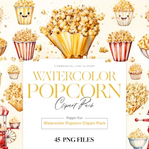 May include: Watercolor clipart pack of 45 PNG files featuring popcorn in various styles, including buckets, bags, and individual kernels. The clipart is perfect for commercial use and includes the text "Poppin' Fun Watercolor Popcorn Clipart Pack".