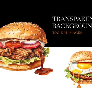 Op de afbeelding: Twee aquarel illustraties van hamburgers. De eerste hamburger heeft pulled pork, sla, tomaat, ui en een bruine saus. De tweede hamburger heeft een gebakken ei, sla, tomaat en een gele saus. Beide hamburgers hebben sesamzaadjes.