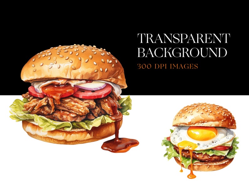 Op de afbeelding: Twee aquarel illustraties van hamburgers. De eerste hamburger heeft pulled pork, sla, tomaat, ui en een bruine saus. De tweede hamburger heeft een gebakken ei, sla, tomaat en een gele saus. Beide hamburgers hebben sesamzaadjes.