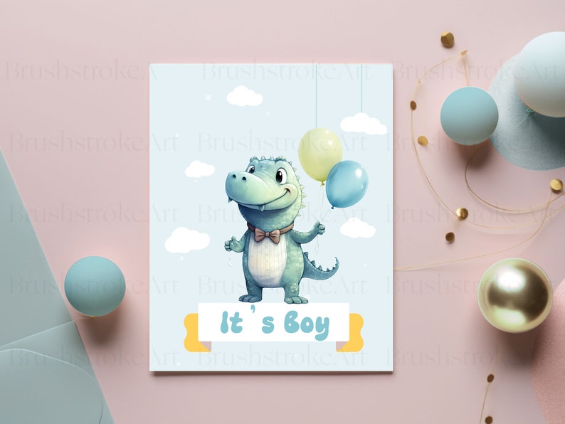 Op de afbeelding: Een blauwe baby-alligator die drie ballonnen vasthoudt, twee gele en een blauwe, met de tekst "It's a Boy" op een gele banner.