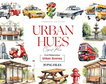 Watercolor City Clipart, Cities, Landscape, Buildings, Vehicles, Shops, Travel, Street Clipart, House PNG
