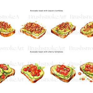 Op de afbeelding: Waterverfillustraties van avocado toast met spekkruimels en cherrytomaten. De toast is belegd met plakjes avocado, spek of tomaten en kruiden. De tekst "Avocado toast with bacon crumbles" en "Avocado toast with cherry tomatoes" is zichtbaar.