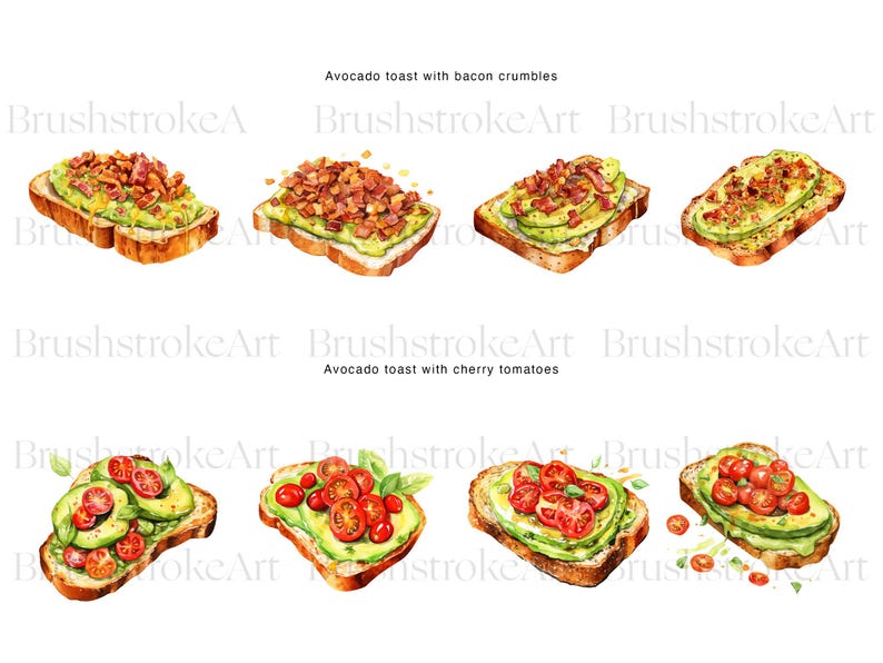 Op de afbeelding: Waterverfillustraties van avocado toast met spekkruimels en cherrytomaten. De toast is belegd met plakjes avocado, spek of tomaten en kruiden. De tekst "Avocado toast with bacon crumbles" en "Avocado toast with cherry tomatoes" is zichtbaar.