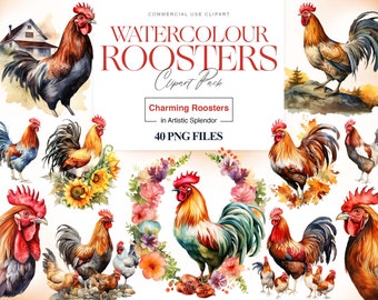 Watercolor Rooster Clipart, Chicken, Farm Bird, Colorful Rooster PNG, Nursery Art, Hen Clipart, Funny Rooster