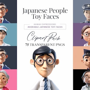 Pacchetto clipart personaggi 3D - 75 file PNG volti giapponesi per la progettazione/download istantaneo