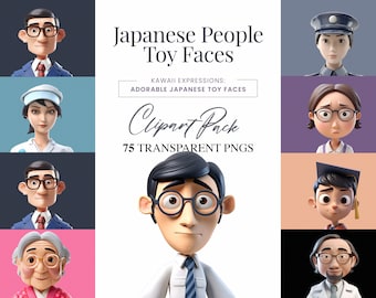 3D Characters Clipart Pack- 75 Japanese Faces PNG Files for Design | Instant Download