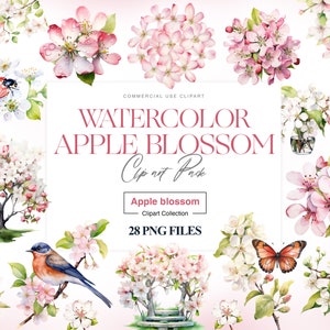 Apple Blossom Clipart, Apple Tree, Blossoming Apple Flower, Pink Floral, Wedding Card, Apple Blossom Print