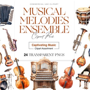 Aquarel muziek clipart, muziekinstrumenten, piano, gitaar, viool, muziek PNG, kunst aan de muur, cadeau voor vrienden