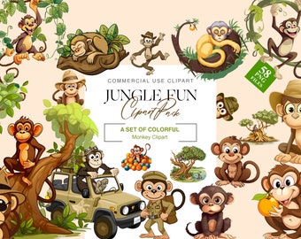 Colorful Monkey Clipart PNGs - Jungle Theme Designs (300 DPI)
