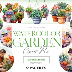 Imágenes prediseñadas de jardín de acuarela, parterre de flores, imágenes prediseñadas de abejas, animales de jardín, jardinería de acuarela, flores PNG
