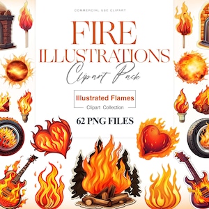 May include: A set of 62 PNG clipart images of fire flames in various styles, including a fireplace, a campfire, a heart, a tyre, a guitar, and a torch. The images are perfect for adding a fiery touch to your designs.