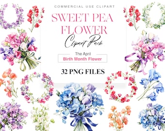Watercolor Sweet Pea Flower Clipart, Birth Month Flower, Floral PNG, Wreath, Wedding Flower, Invitation Card