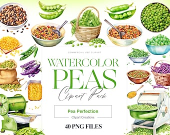 Watercolor Peas Clipart, Green Peas, Garden Vegetable Clipart, Pea in a Pod Clipart, Sweet Peas PNG, Veggies