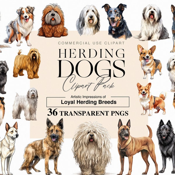 Watercolour Herding Dogs Clipart - High-Quality Digital Dog Breed Illustrations for Design Projects, herding dog watercolour clipart