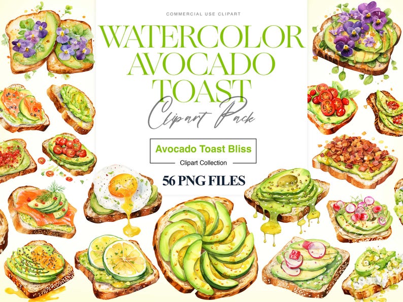 Op de afbeelding: Waterverfillustratie van verschillende avocado toast creaties. De afbeelding bevat toast met avocado, tomaten, eieren en bloemen. Tekst luidt "Watercolor Avocado Toast Clipart Pack" en "Avocado Toast Bliss Clipart Collection 56 PNG FILES."