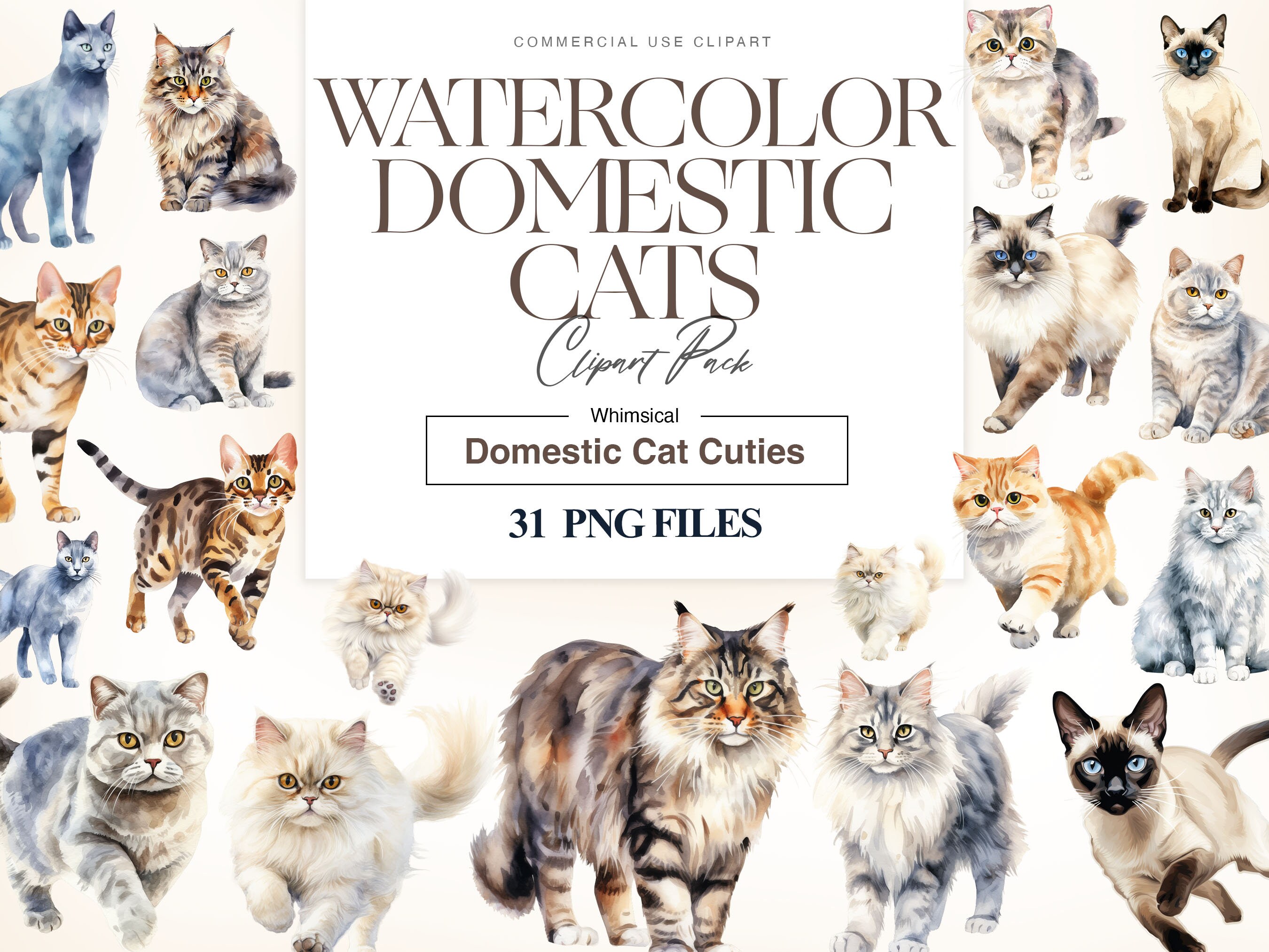 Watercolor Cats Clipart, British Shorthair, Cat Breeds, Bengal Cat, White Persian Cat, Pet Clipart, Cat PNG