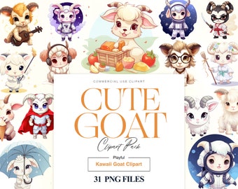 Cute Goat Clipart, Baby Goat with Glasses, Farm Goat, Cute Farm Animals, Kawaii Goat PNG, Baby Goat Printable