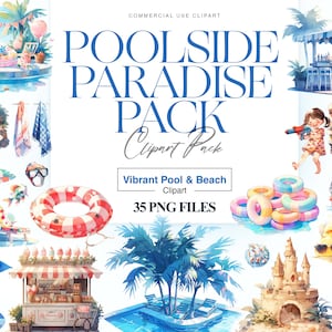 Puede incluir: Un paquete de clipart digital con 35 archivos PNG que presentan ilustraciones vibrantes de acuarela de escenas junto a la piscina y la playa. El paquete incluye imágenes de palmeras, sombrillas de playa, flotadores de piscina, un bar de playa, un castillo de arena, un puesto de limonada y más.