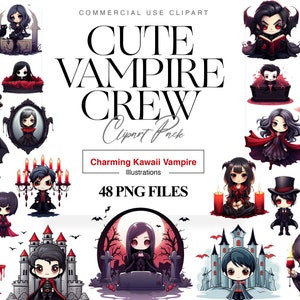 Clipart de vampiro fofo, 48 aquarela de vampiro de Halloween, morcegos, princesa vampira gótica Kawaii, decoração de Halloween