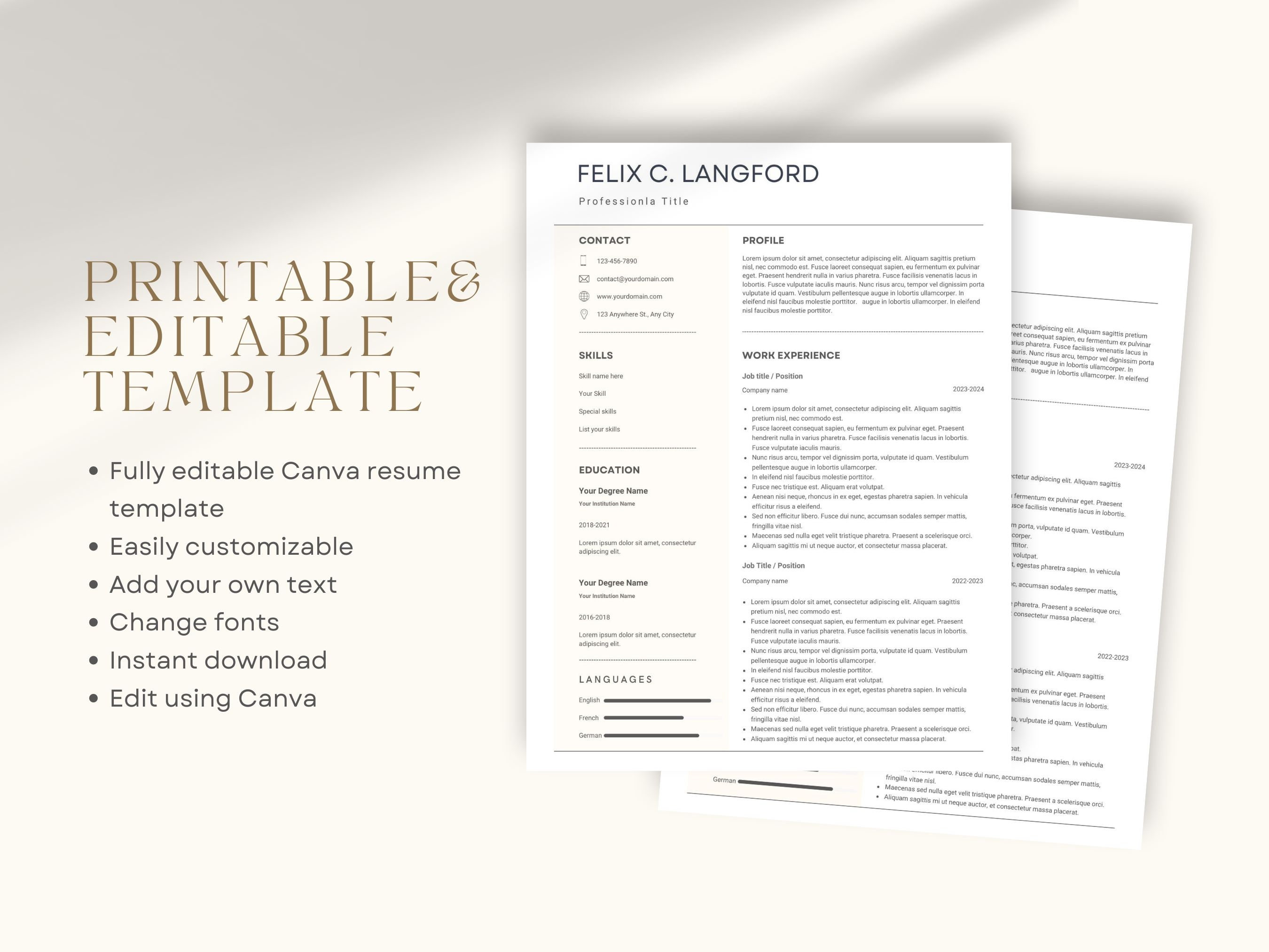 Canva Resume Templates, Canva CV Template, Best CV Template, CV Letter