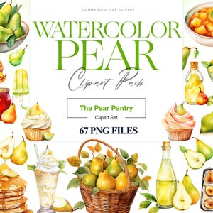 Clipart di pere ad acquerello, frutta, clipart di fette di pere, cestino di pere PNG, frullato di pere, clipart di cibo, pera PNG