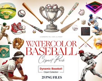 Watercolor Baseball Clipart, Baseball Bat PNG, Baseball Gloves, Baseball Player, Baseball Birthday, Boys Room