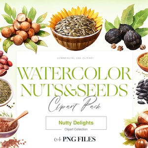 Puede incluir: Ilustración en acuarela de diversas nueces y semillas, como pistachos, nueces de macadamia, semillas de girasol y almendras, dispuestas en cuencos. La imagen incluye el texto "WATERCOLOR NUTS & SEEDS Clipart Pack" y "Nutty Delights Clipart Collection".