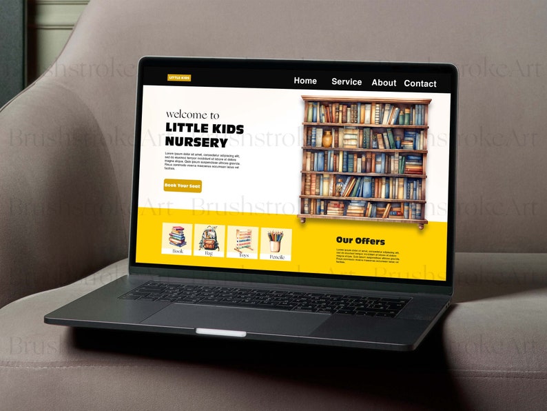 Pu&ograve; includere: Un computer portatile che mostra un sito web per un asilo nido chiamato "Little Kids Nursery". Il sito web ha uno sfondo giallo con un'immagine di una libreria piena di libri. Il sito web ha anche una sezione chiamata "Our Offers".