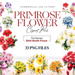 Aquarell Primrose Blume Clipart, Geburtsmonat Blume, lila Blume, Strauß, Blumenkranz, Geschenke für Mama
