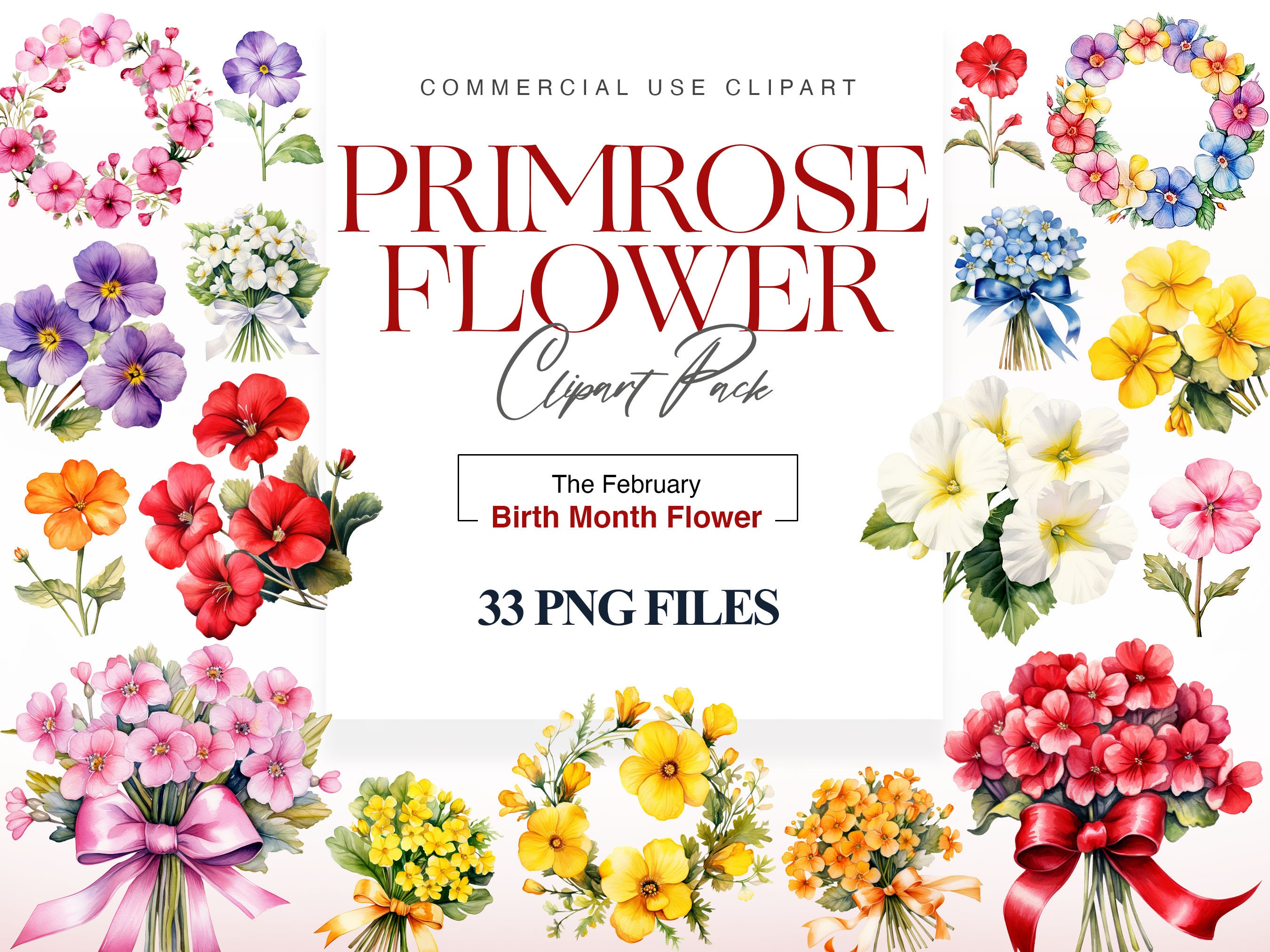 Watercolor Primrose Flower Clipart, Birth Month Flower, Purple Flower, Bouquet, Floral Wreath, Gifts for Mom